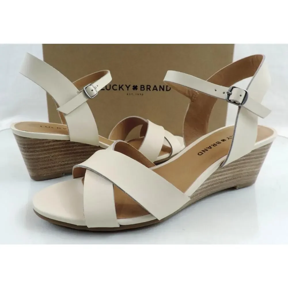 Women's Shoes Lucky Brand Jaidan Low Wedge Sandals Leather Linen Beige Size 10